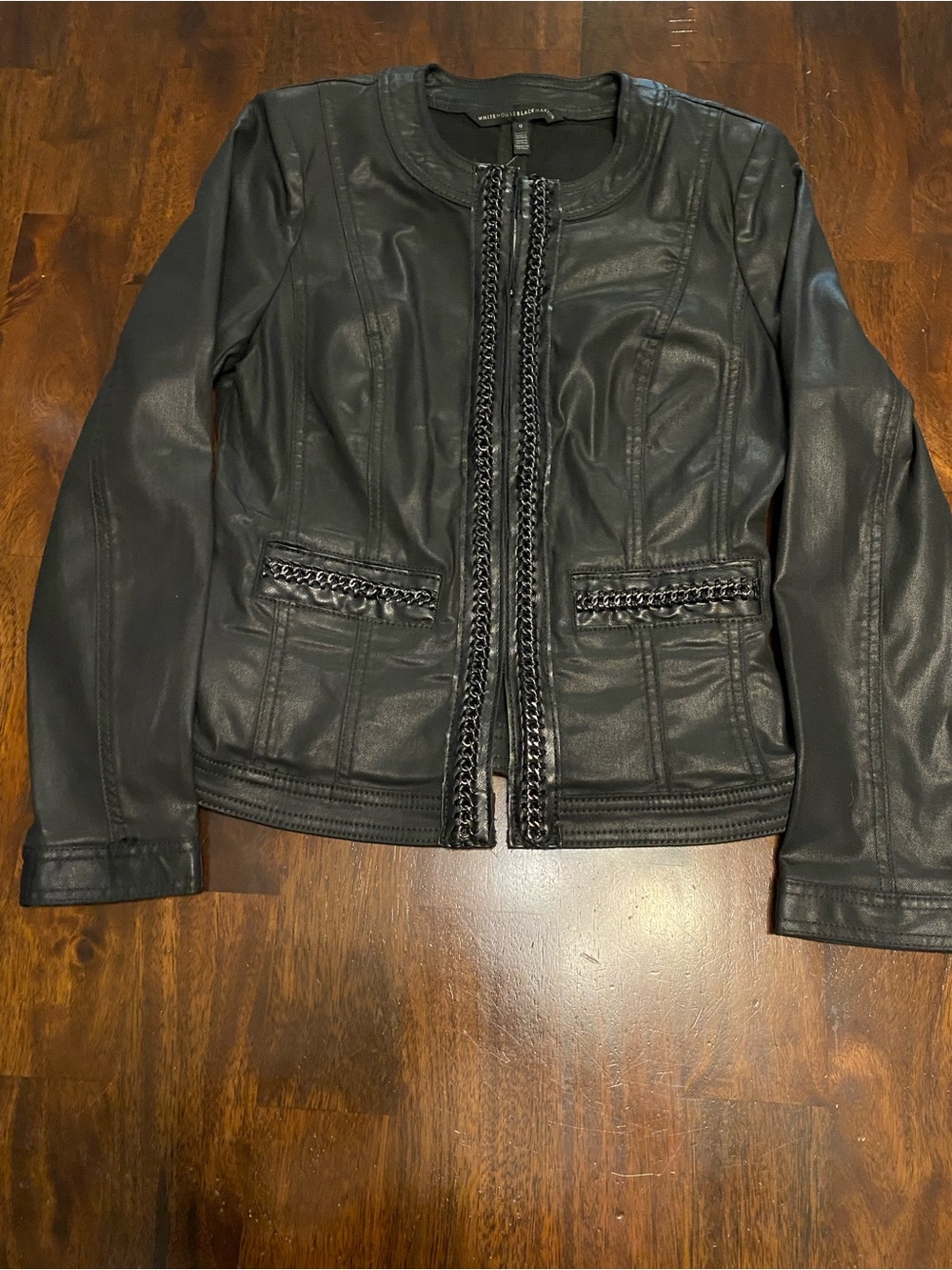 White House Black Market Coated Black Demin Chain-Trim Jacket